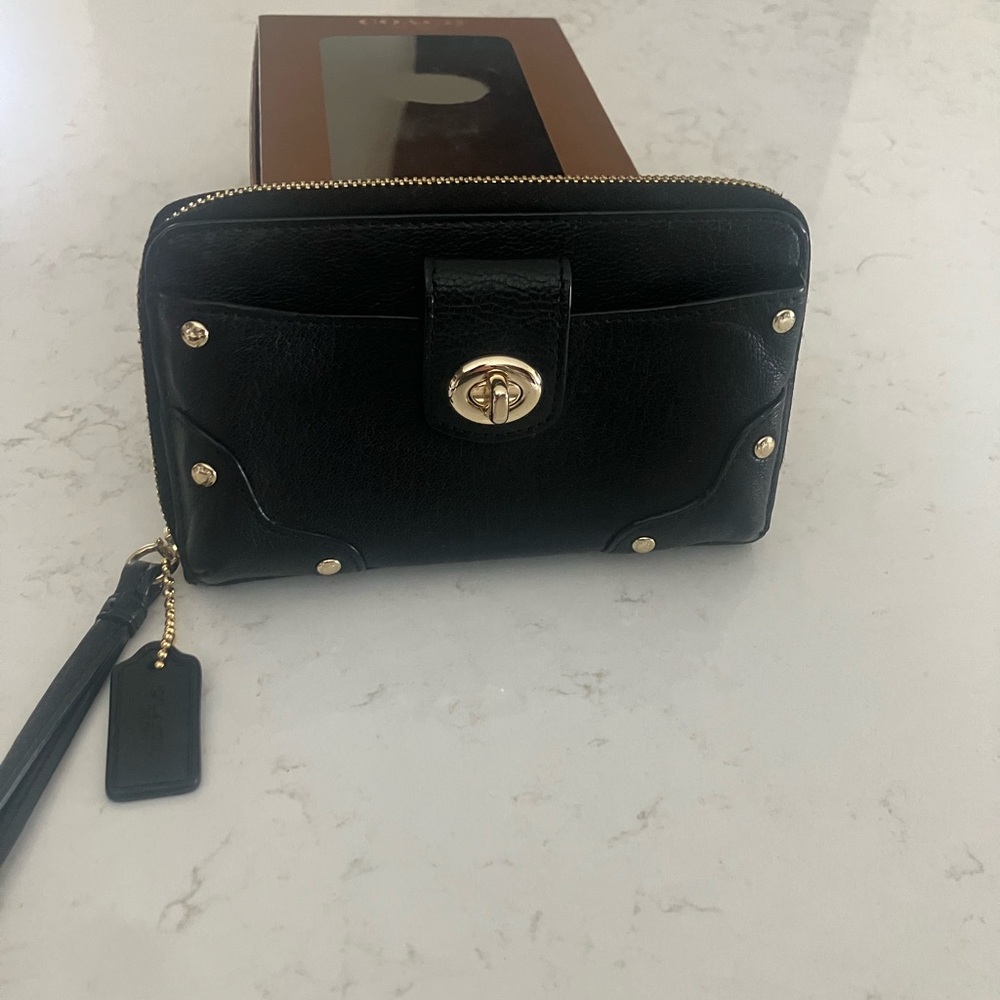 Coach Black Leather Wallet Wristlet with Gold-Tone Hardware